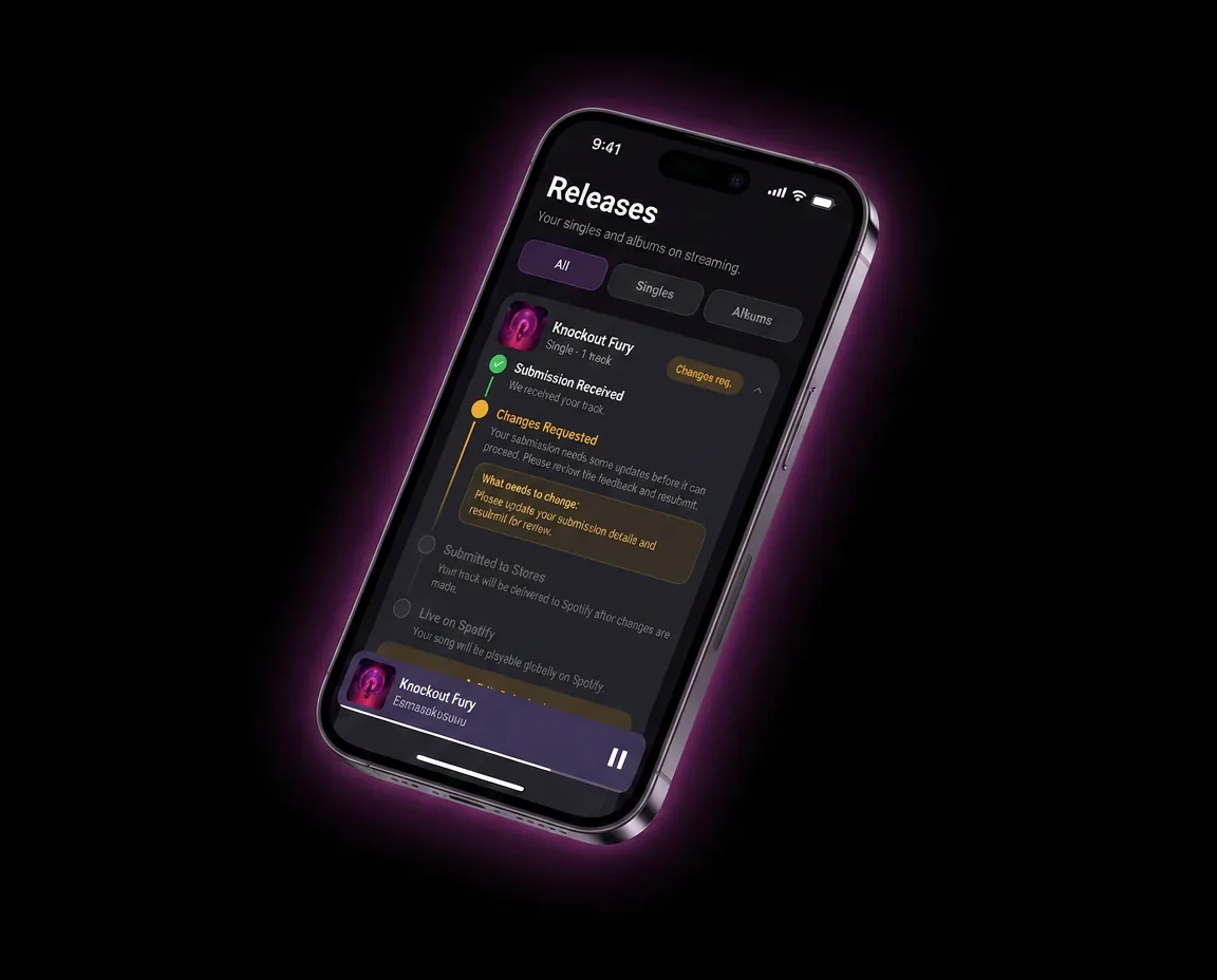 Banger app showing a release going live on streaming platforms